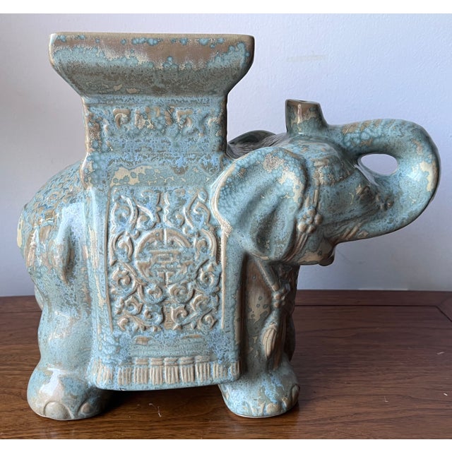 Indian Turquoise Glazed Ceramic Elephant Plant Stand For Sale - Image 3 of 7