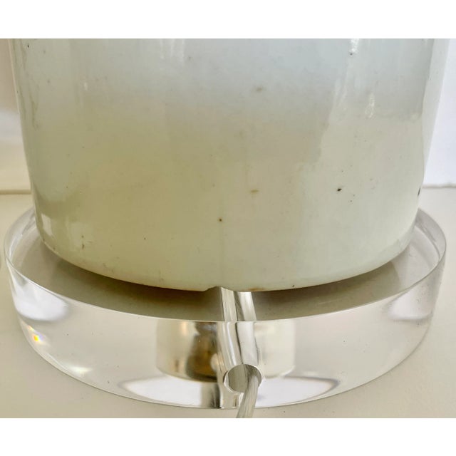 Metal 1960's Asian Hand Painted Ceramic Table Lamps on Lucite Bases/A Pair For Sale - Image 7 of 7