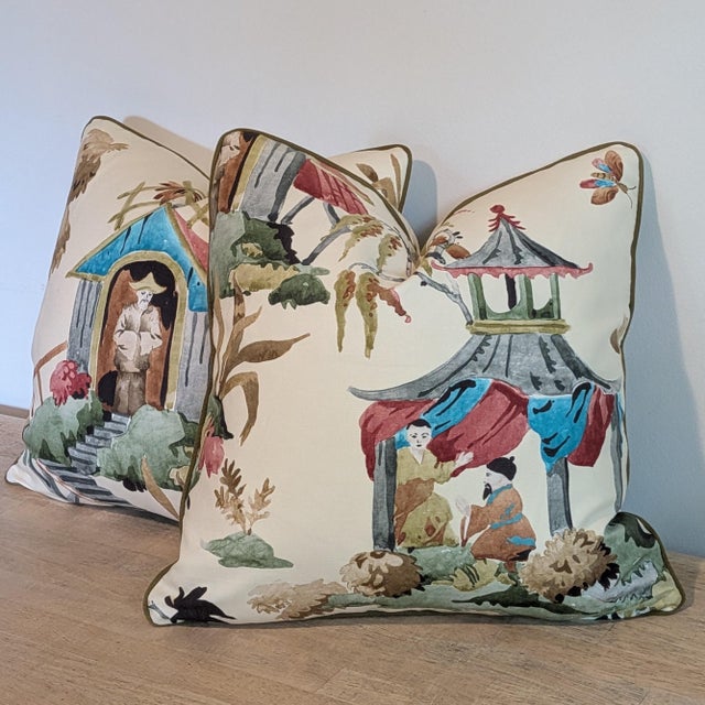 Textile Brunschwig & Fils Luang Print Pillows in Meadow With Green Cord- Double Sided For Sale - Image 7 of 7