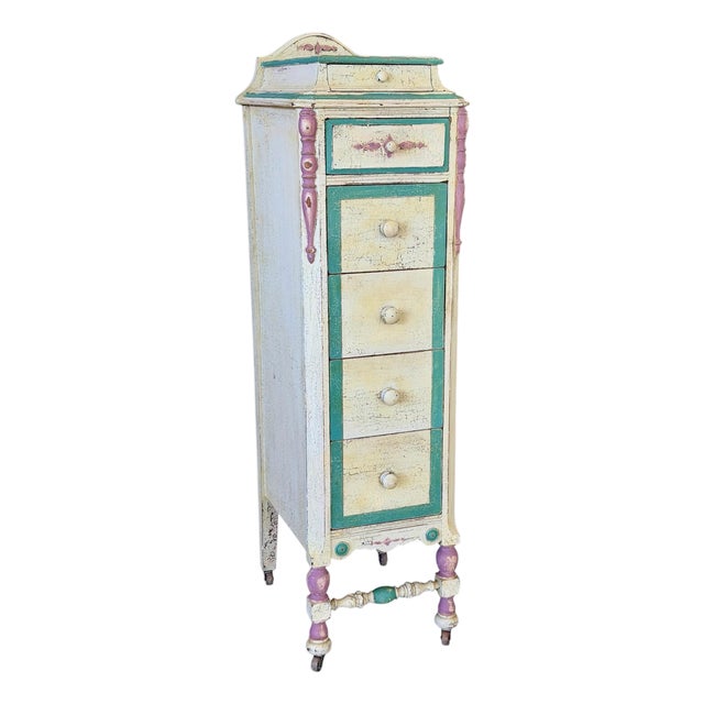 Vintage French Country Distressed Jewelry & Lingerie Chest on Casters For Sale