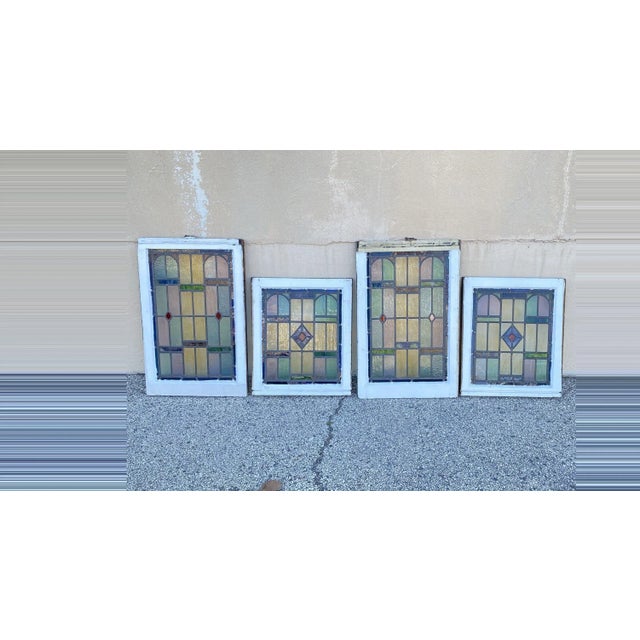 Antique Art Deco Leaded Stained Glass Pink Green Blue Yellow Windows - (2) Pair For Sale - Image 13 of 13