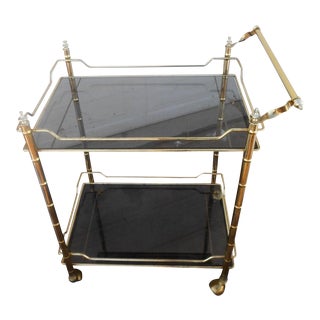 Vintage Mid-Century Modern Faux Bamboo Brass Rolling Bar Cart For Sale