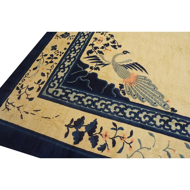 1890s Tan Beige Medallion Birds Antique Chinese Peking Rug 15'3'' X 17'4'' Knotted Wool Carpet For Sale In New York - Image 6 of 8