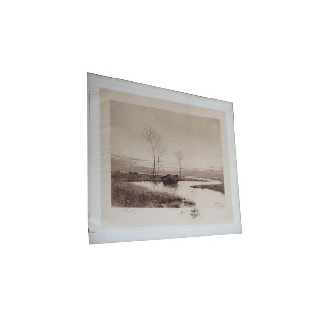Realism Antique Louis Harlow w.h. Shelton Signed Rowboat Riverscape Etching 22" For Sale - Image 3 of 11