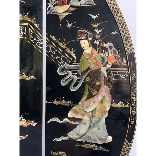 Mid 20th Century Vintage Chinoiserie Black Lacquer Inlaid Room Divider Screen For Sale - Image 5 of 12