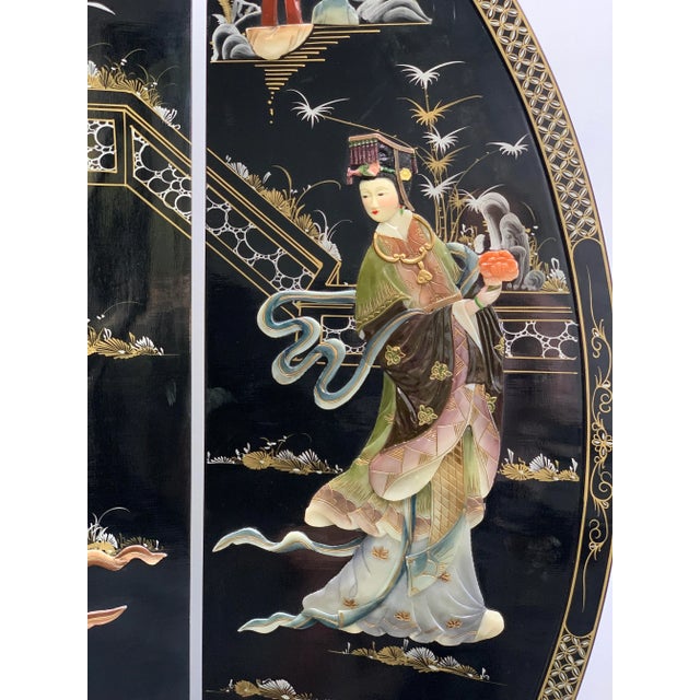 Mid 20th Century Vintage Chinoiserie Black Lacquer Room Divider Screen For Sale - Image 5 of 12