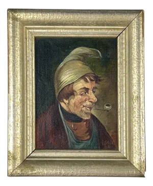 G. Schill, Portrait of Man in a Nightcap with a Pipe, 1930s, Oil on Canvas, Framed