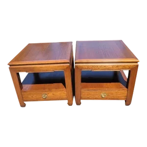 1970s Ming Style One Drawer Side Tables With Protective Glass Tops, a Pair