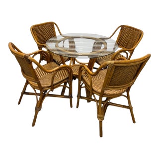 Vintage French Style Bistro Bamboo and Rattan Dining Set Round Glass Top Table and Four Armchairs 5 Pieces For Sale