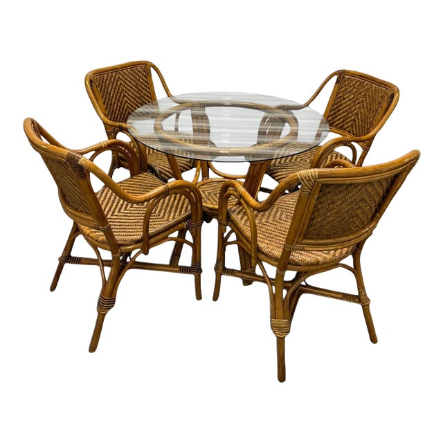 Vintage French Style Bistro Bamboo and Rattan Dining Set Round Glass Top Table and Four Armchairs 5 Pieces For Sale