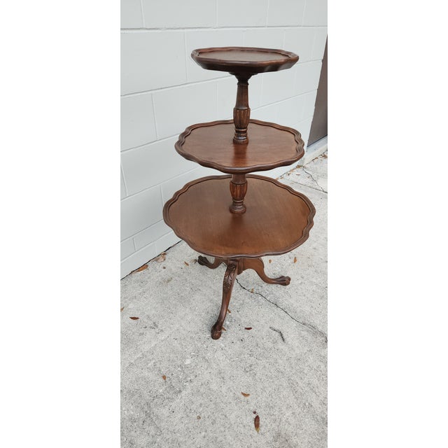Antique Edwardian Three-Tiered Claw-Footed Serving Walnut Table With Scalloped Edges For Sale - Image 12 of 13