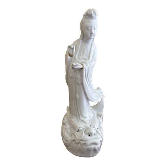 Mid-Century Chinese Blanc De Chine Porcelain Figure of Quan Yin on a Stylized Fish For Sale