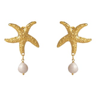 Ocean Spirit Starfish Pearl Gold Earrings, A Pair For Sale