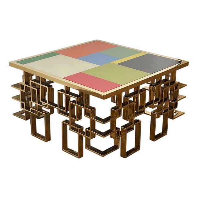 Low Living Room Table in Chrome-Gold Steel and Multicolored Murano Glass Top, 1980s For Sale