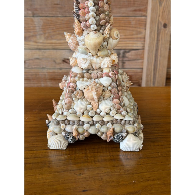 Vintage Handcrafted Coastal Seashell Encrusted Wood Pedestal Candleholder For Sale In Naples, FL - Image 6 of 12