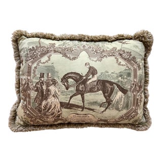 Custom Green Toile Accent Pillow With "Gladiateur" Race Horse For Sale