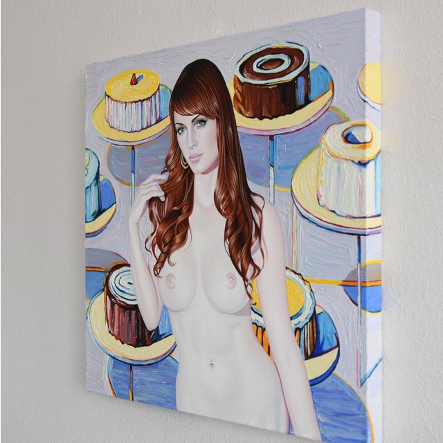 This artwork features a striking figure of a woman with flowing red hair, posed confidently amidst a backdrop of colorful...