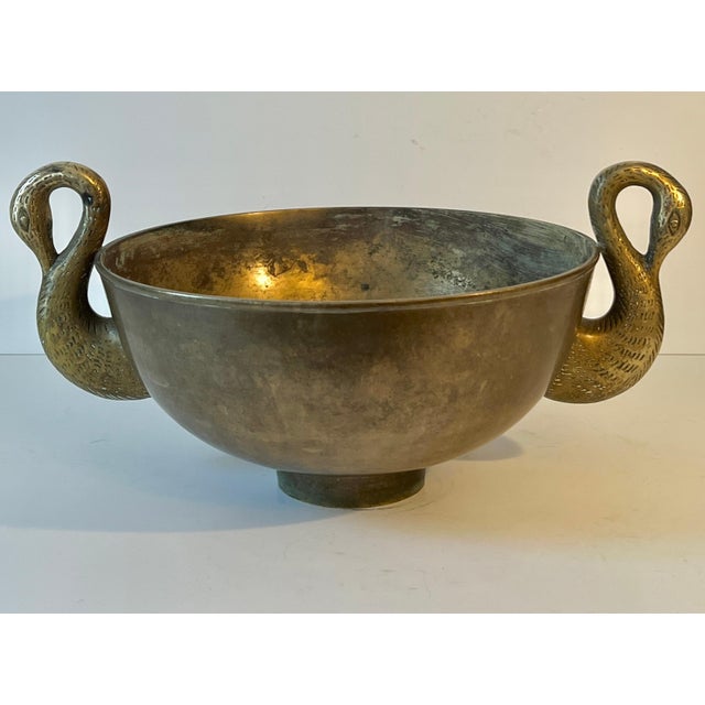 Metal French Art Deo Patinated Bronze Bowl with Swan Handles Flanking Sides For Sale - Image 7 of 8
