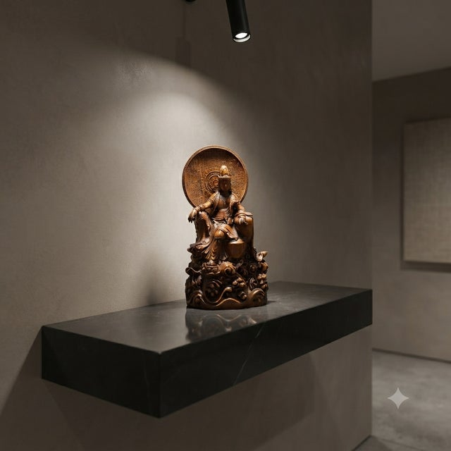 Wood 7" Bodhisattva Statue W Calligraphy Halo & Lotus Base Wood Statue For Sale - Image 7 of 10