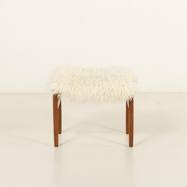 Mid-Century Danish Teak Ottoman in Long Hair Sheepskin, 1960s For Sale - Image 11 of 11