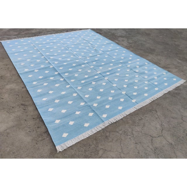 Mid-Century Modern Handmade Cotton Pattern Leaf Pattern Rug, Sky Blue and White 6'x9' For Sale - Image 3 of 11