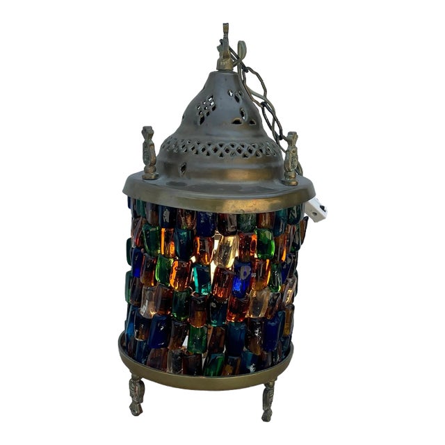 Vintage Hebron Glass Beaded Swag and Brass Lamp/Swag Light For Sale