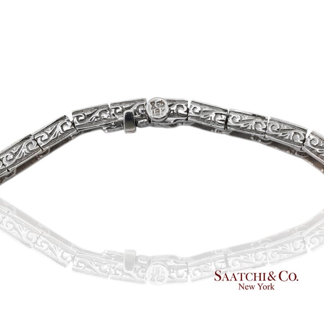 Metal Vintage 18k 750 White Gold Natural Diamond Engraved & Milgrain Tennis Bracelet For Sale - Image 7 of 13