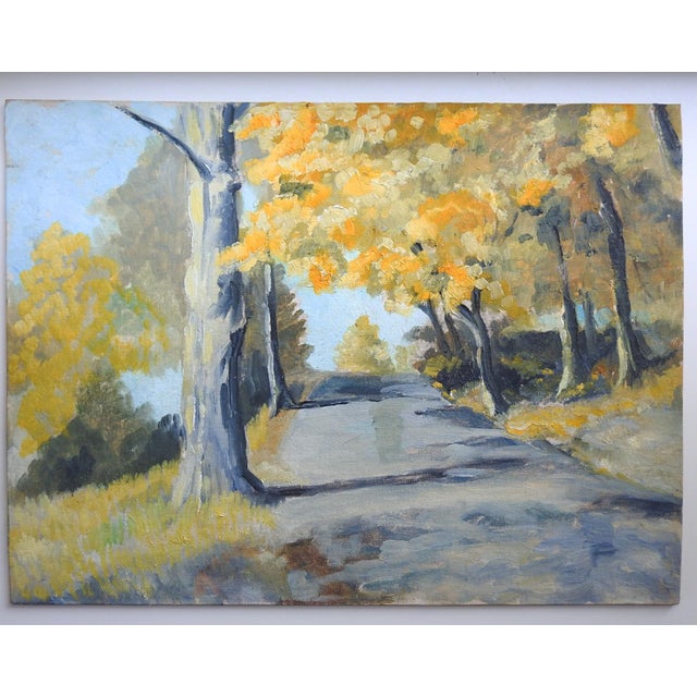 Mid 20th century oil on canvas board autumn landscape. Unsigned. Unframed, slight curve to canvas board.