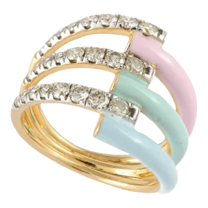Trendy Multi Enamel Ring With Diamonds Embedded in Solid 14k Yellow Gold Size 7