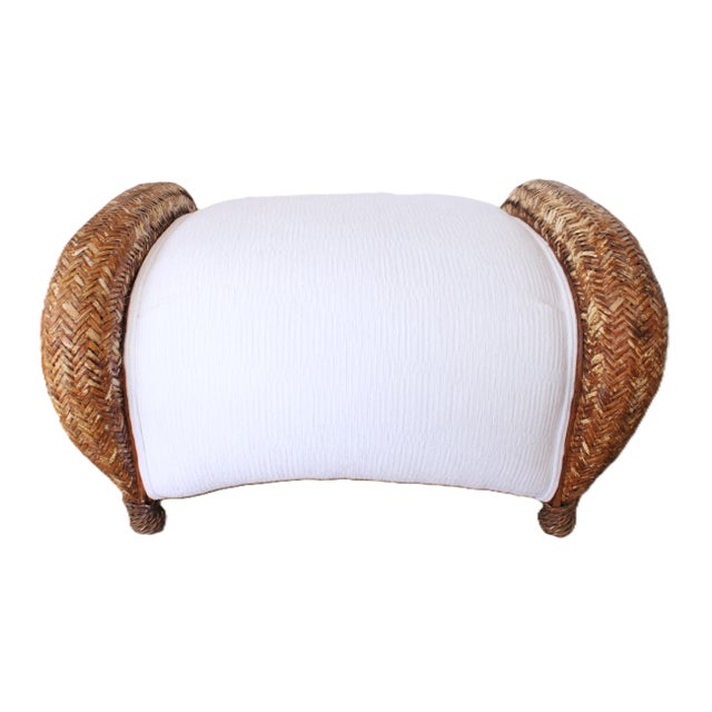 Contemporary Vintage Rustic Rattan Ottoman/Custom Upolstery For Sale - Image 3 of 8