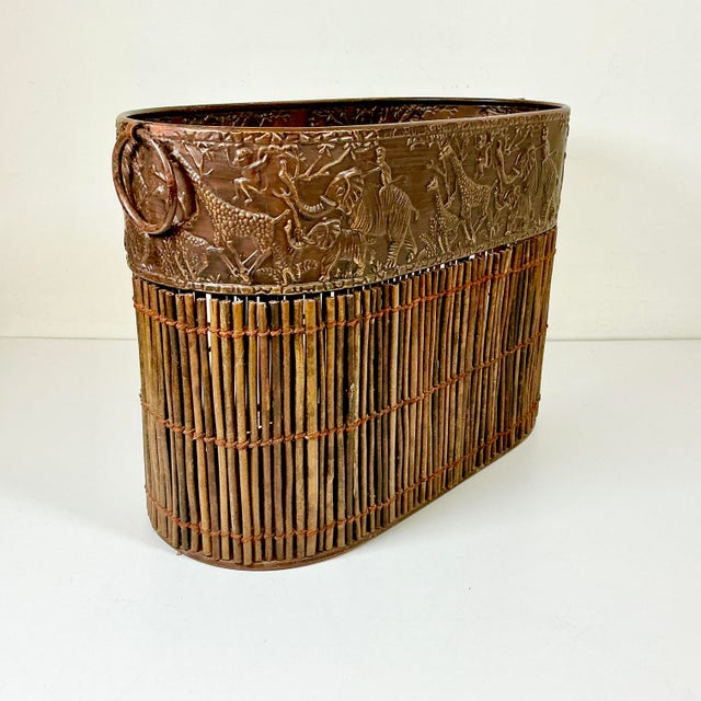 1980s Vintage Boho Chic Safari Coastal Tole Elephant, Monkey & Giraffe Faux Wood Bamboo Wastebasket For Sale - Image 4 of 16