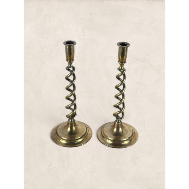 Metal Antique English Pair of Large Brass Twist Candlesticks For Sale - Image 7 of 7