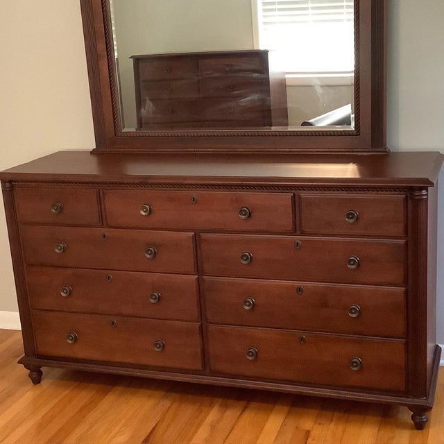 Art Deco 1980s Vintage Durham Furniture Solid Cherry Dresser and Plantation Mirror Saville Row For Sale - Image 3 of 18