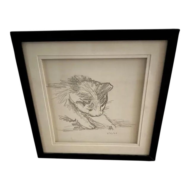 Vintage Original Pencil Drawing of a Kitten For Sale