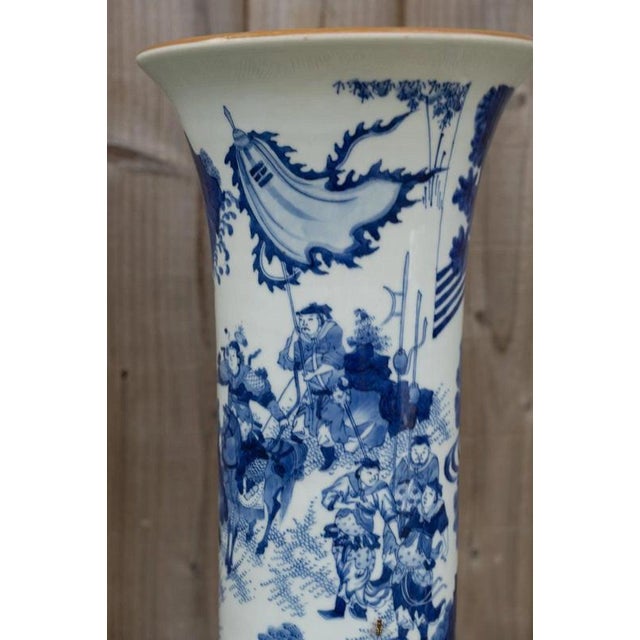 Blue Chinese Blue and White Porcelain Sleeve Vase with Warriors and Military Procession For Sale - Image 8 of 18
