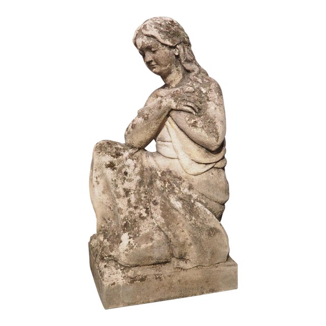 Carved Italian Limestone Statue of a Woman Holding a Bird For Sale