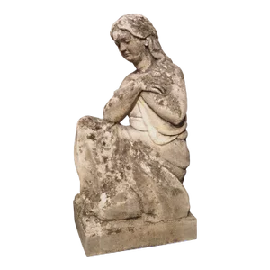 Carved Italian Limestone Statue of a Woman Holding a Bird