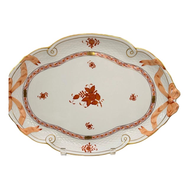 1980s Herend Hungary Chinese Bouquet Apponyi Rust ribbon tray // handpainted luxury china // made in Hungary // fine china // tea set For Sale