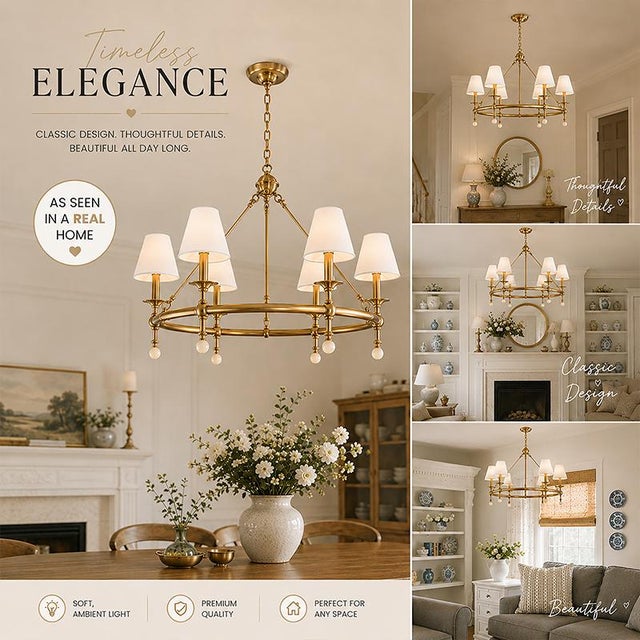 Aloadecor Warm Brass Chandelier With Fabric Shades and Alabaster Finials For Sale In Houston - Image 6 of 10