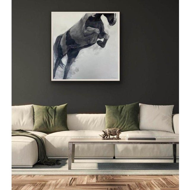 "gateway" is a beautiful and unique charcoal drawing on panel of a dynamic horse jumping in mid-air. The composition is...