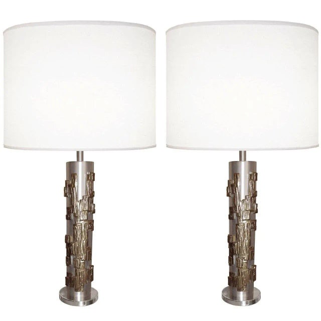 A Pair of Modernist Table Lamps, Brushed Nickel and Sculptural Metal, 1970s For Sale - Image 13 of 13