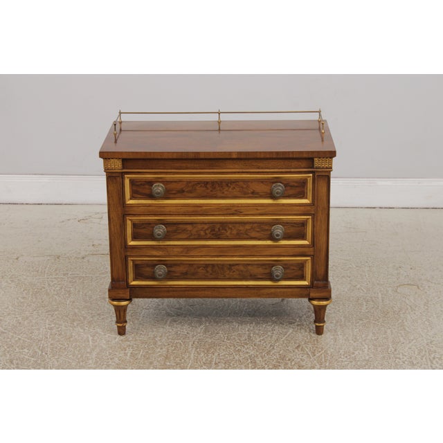 Age: Approx. 30 Years Old Details: Brass Gallery Top Gorgeous Burl Walnut Gold Gilt Highlights Dovetailed Drawer...