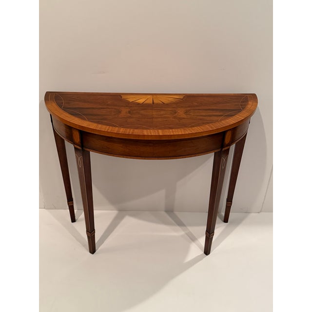 Mahogany & Satinwood Inlaid Demilune Console Tables -a Pair For Sale - Image 9 of 12
