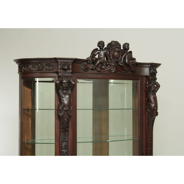 Chocolate Horner Antique Oak Figural Carved Beveled Glass China Cabinet For Sale - Image 8 of 12