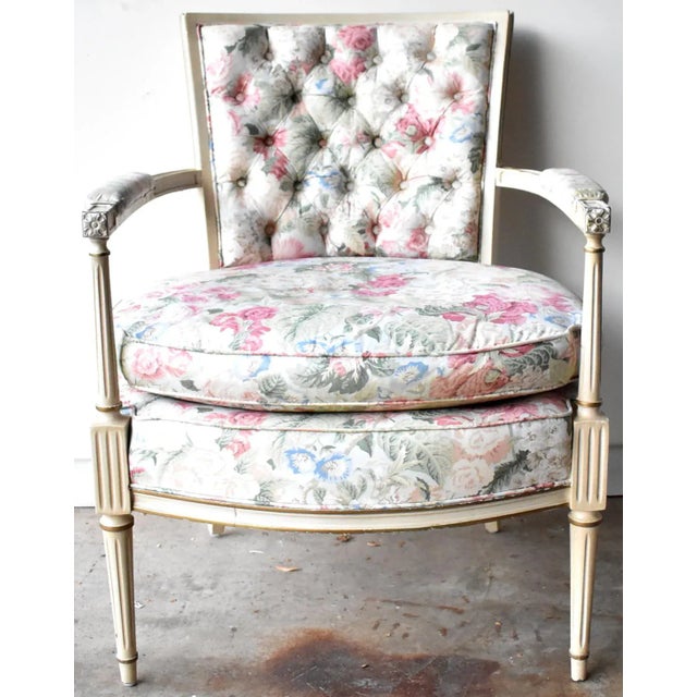 Vintage Louis XVI Floral Chintz Bergere Armchair For Sale - Image 13 of 13