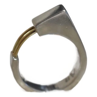 Vintage Artisan Hand Crafted Sterling Silver 14k Gold Modern Ring Sz 5.75 For Sale