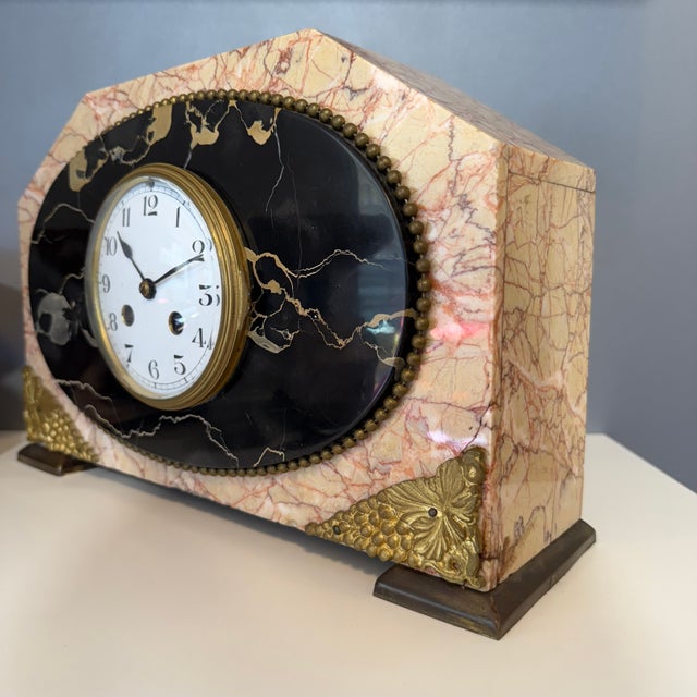 Large Art Deco Table Clock in Pink Marble, 1930s, Set of 3 For Sale - Image 3 of 12