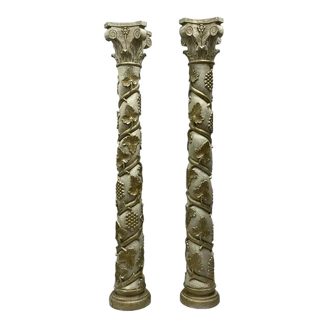Monumental Italian Neo-Classical Style Pine & Giltwood Columns W/ Capitols -Pair For Sale
