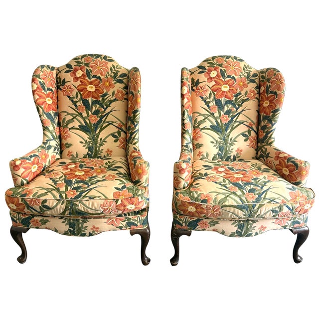 Ethan Allen 1970s Palm Beach Style Floral Upholstered Wingback Ethan Allen Chairs - A Pair For Sale - Image 4 of 12