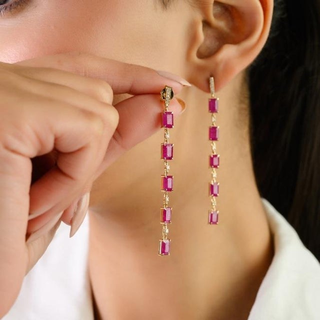 Modern 7 Ct Ruby & Diamond Dangle Etruscan Revival Earrings in 14k Gold- A Pair For Sale - Image 3 of 12